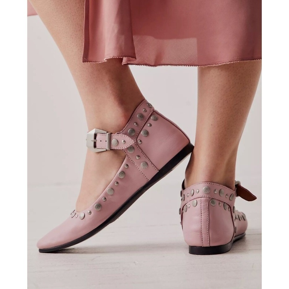 NWOB Free‎ People Mystic Mary Jane Studded Flats Pink Leather Shoes EU37/W6